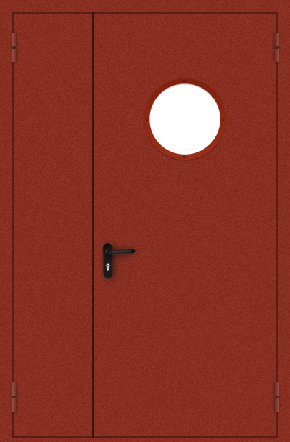 Полуторапольная противопожарная дверь с круглым стеклом (порошок / красная)